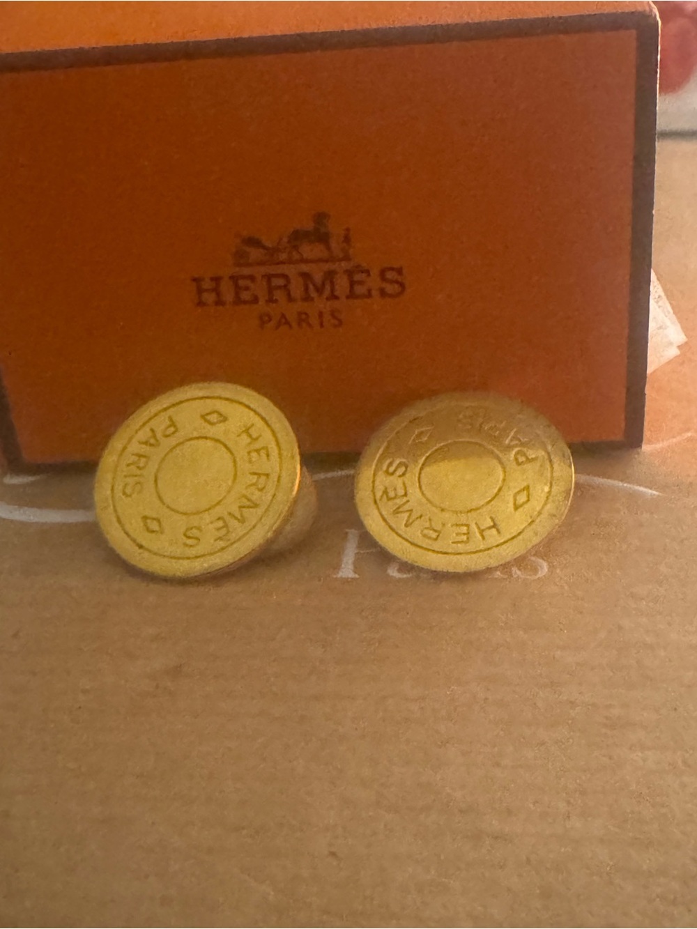 Hermes Gold Tone Round Logo Clip On Earrings vintage